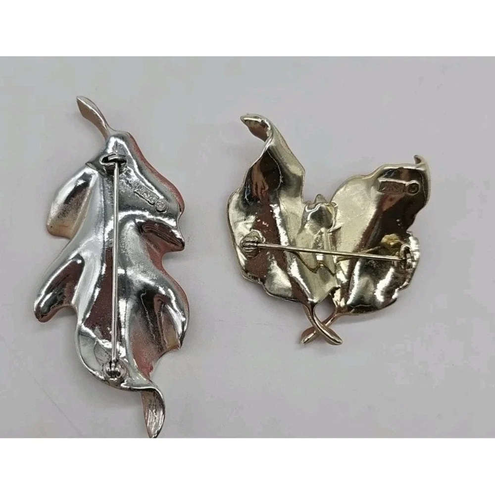Vintage BSK Enamel Rhinestone Leaf Brooch Pins Set Burgundy Mid Century Fall